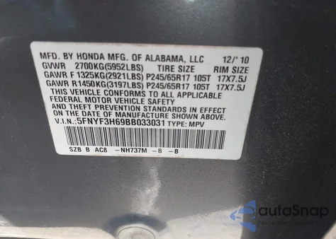 2011 Honda Pilot Ex-L z USA, uszkodzony, nr VIN 5FNYF3H69BB033031